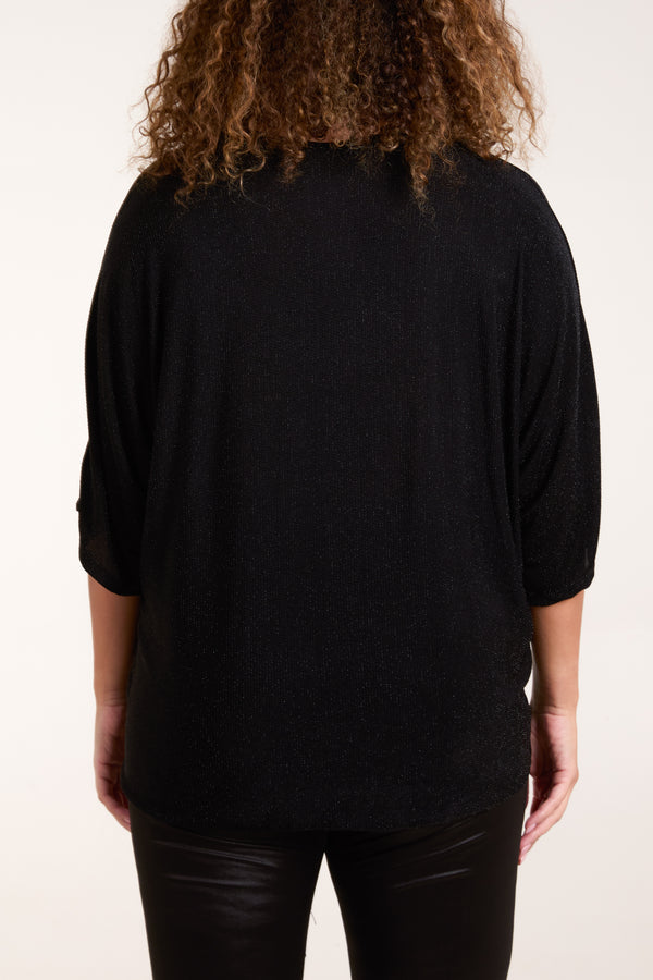 Qed London Glitter Lurex Tie Front Hem Blouse