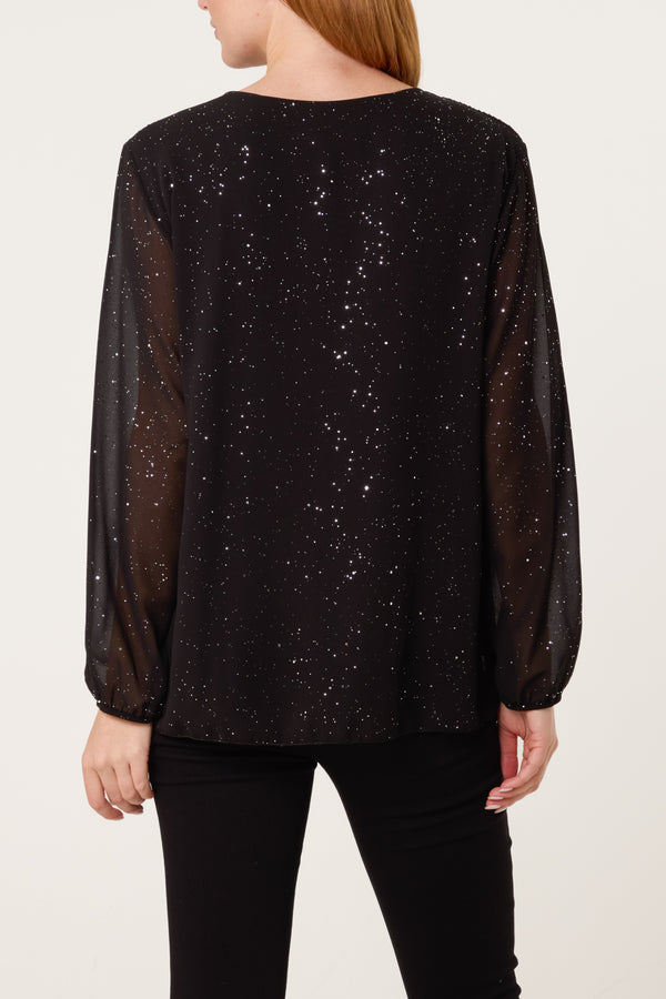 Qed London Glitter Pleated Long Sleeve Blouse