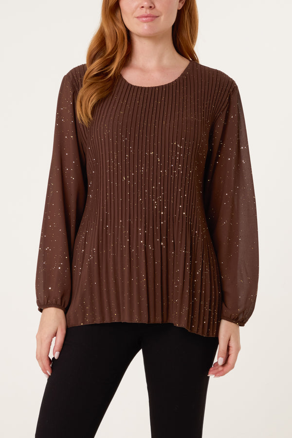 Qed London Glitter Pleated Long Sleeve Blouse