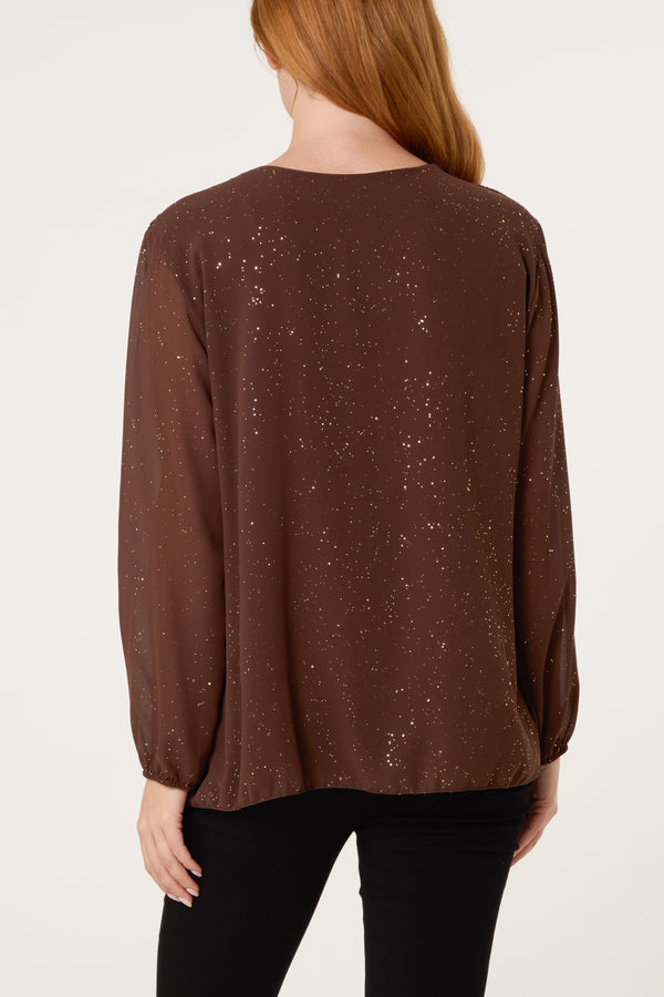 Qed London Glitter Pleated Long Sleeve Blouse