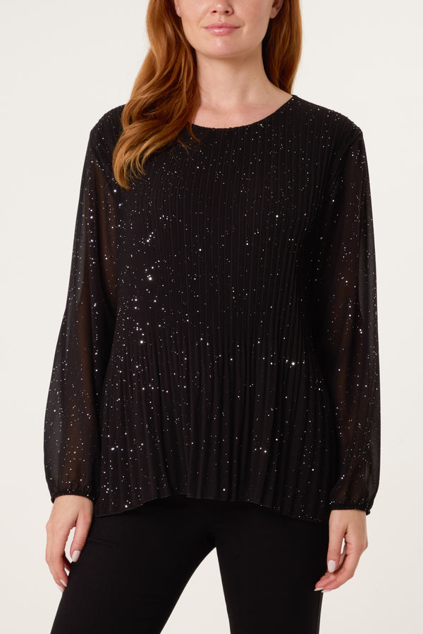 qed london Glitter Pleated Long Sleeve Blouse