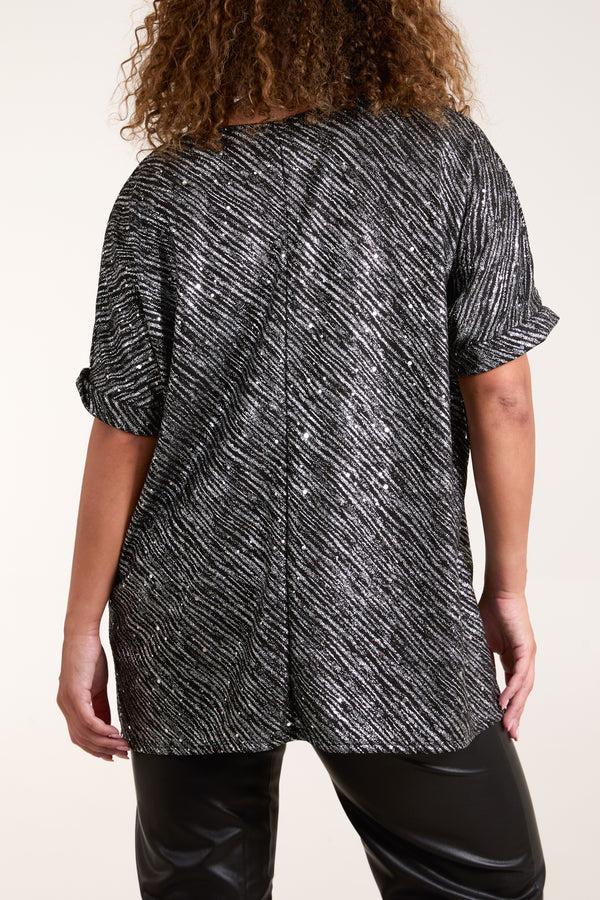 Qed London Glitter Stripe Short Sleeve Top