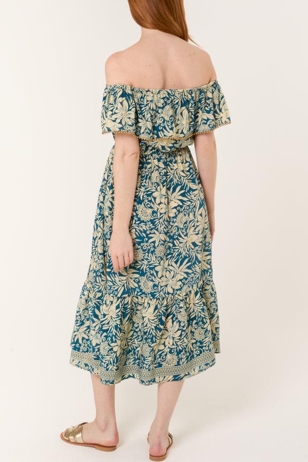 Qed London Gold Beaded Bardot Midi Dress