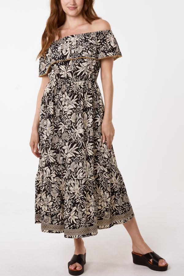 Qed London Gold Beaded Bardot Midi Dress