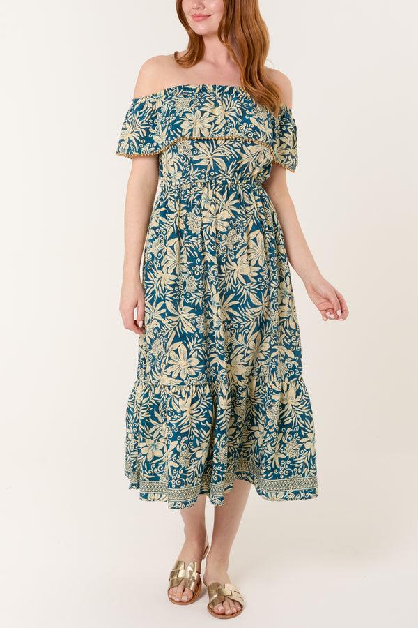 qed london Gold Beaded Bardot Midi Dress