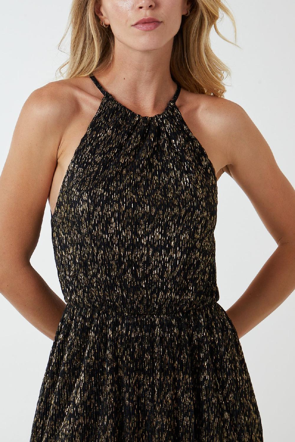 Qed London Gold Blouson Halterneck Midi Dress