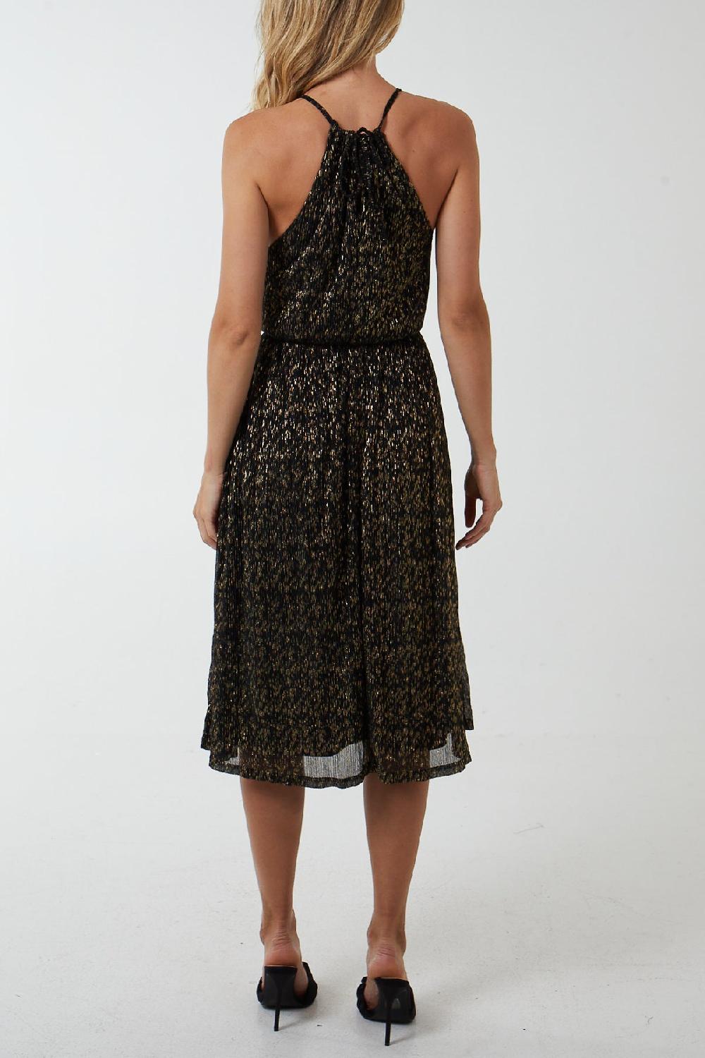 Qed London Gold Blouson Halterneck Midi Dress