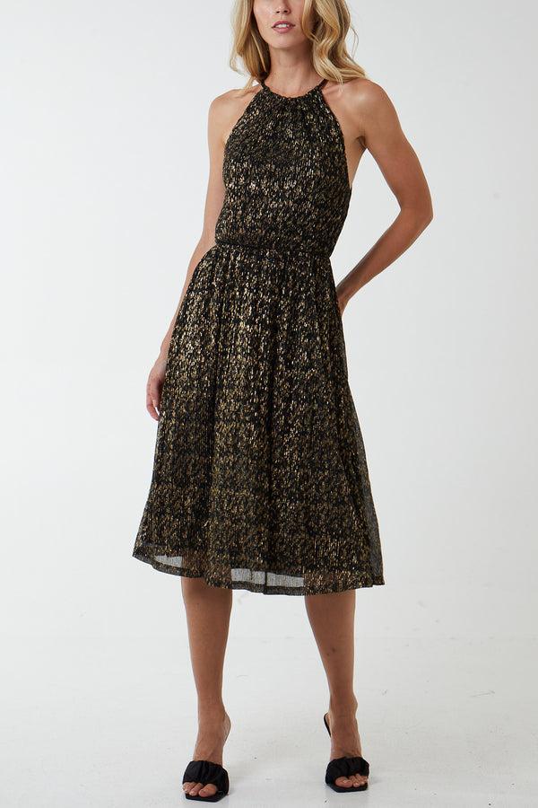 qed london Gold Blouson Halterneck Midi Dress