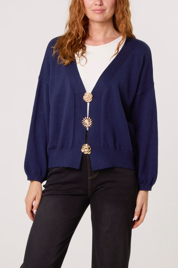 Qed London Gold Broch Puffball Sleeve Cardigan