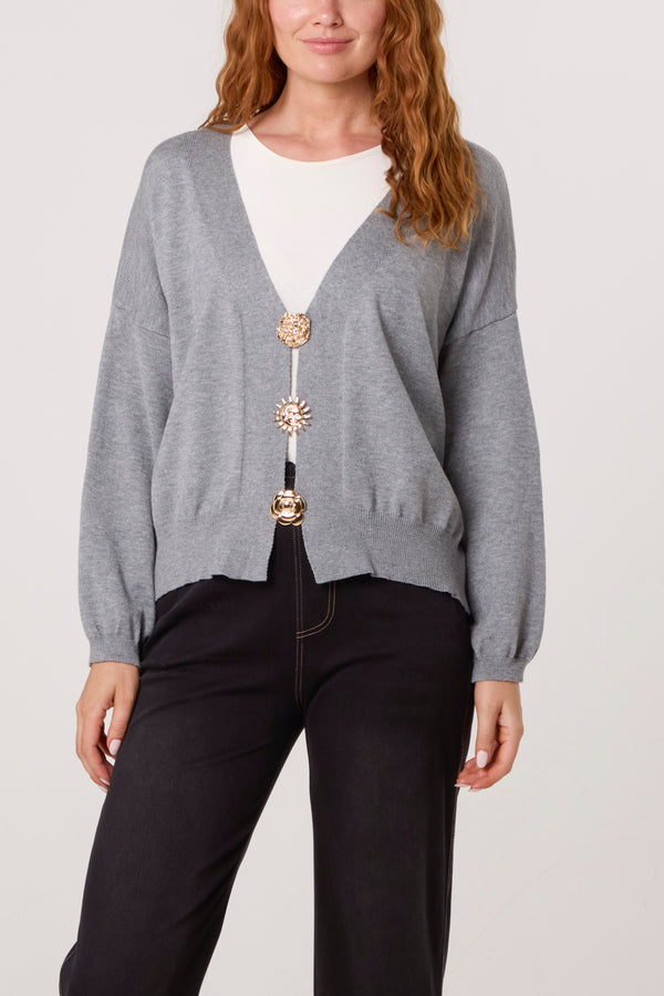 qed london Gold Broch Puffball Sleeve Cardigan