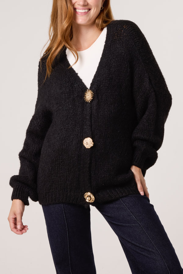 Qed London Gold Brooch Button Thick Knit Cardigan