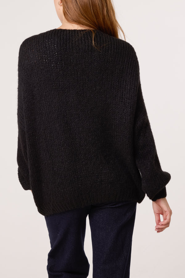 Qed London Gold Brooch Button Thick Knit Cardigan