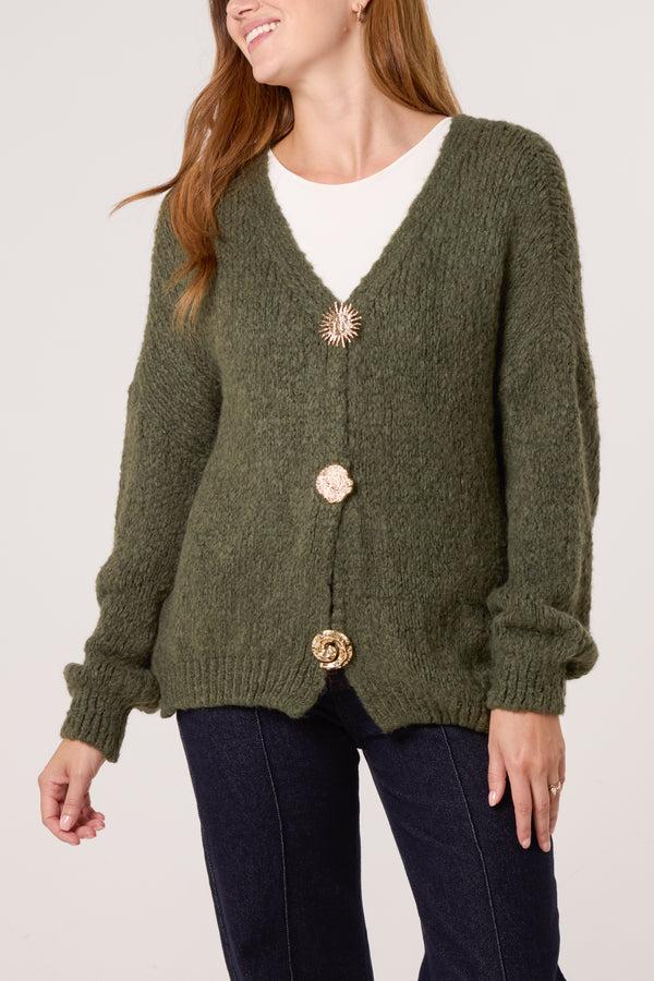 qed london Gold Brooch Button Thick Knit Cardigan