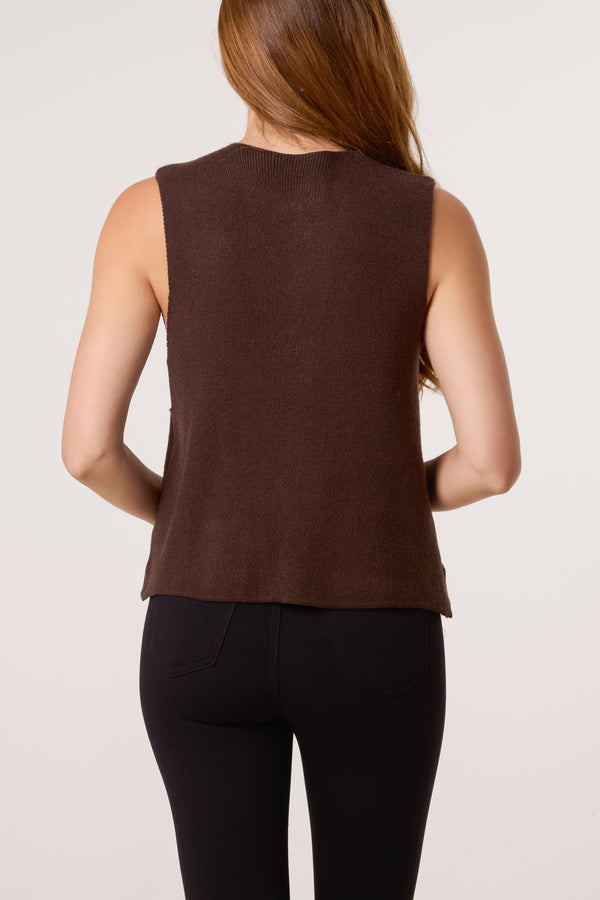 Qed London Gold Brooch Knitted Waistcoat