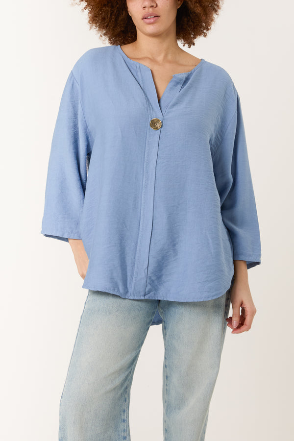 Qed London Gold Button 3/4 Sleeve Top