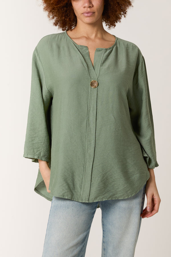 Qed London Gold Button 3/4 Sleeve Top