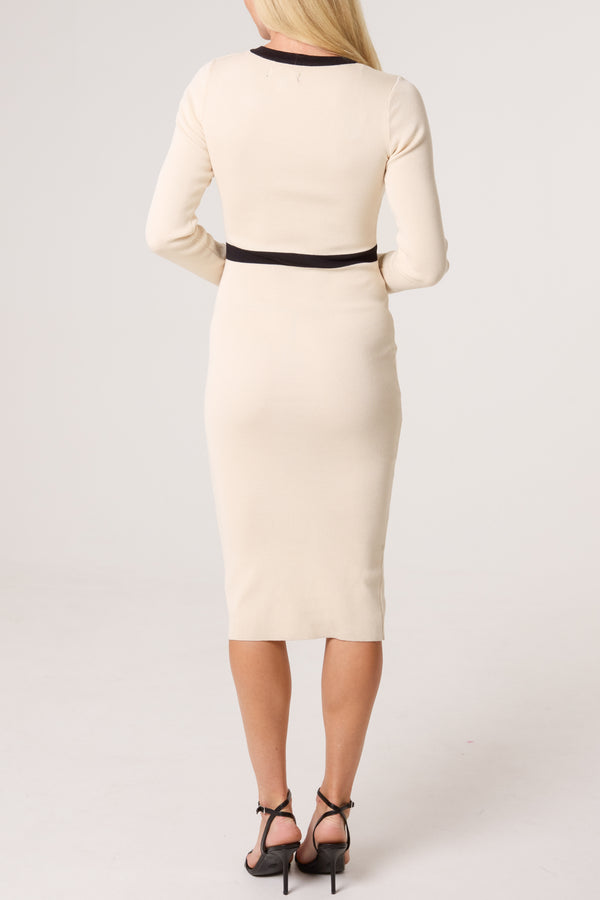 Qed London Gold Button & Bow Contrast Knit Dress
