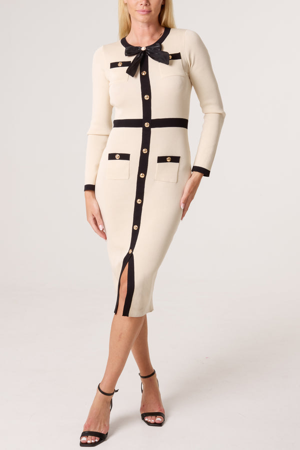 qed london Gold Button & Bow Contrast Knit Dress