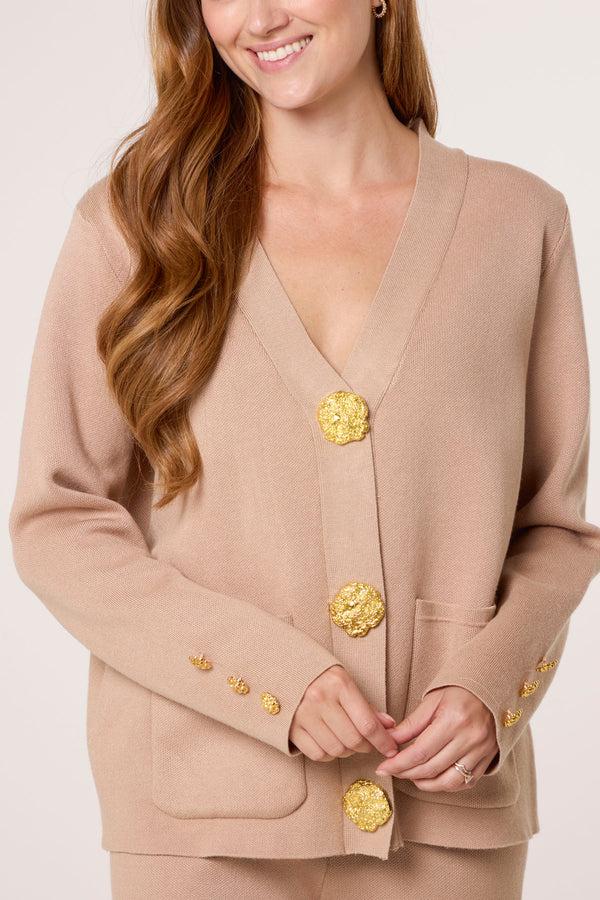 Qed London Gold Button Cardigan & Trousers Knit Set