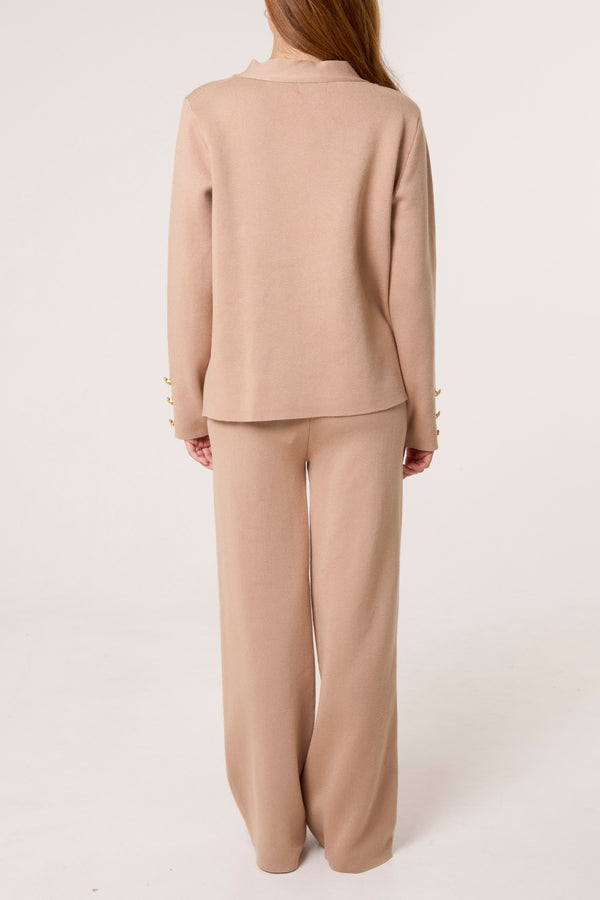 Qed London Gold Button Cardigan & Trousers Knit Set