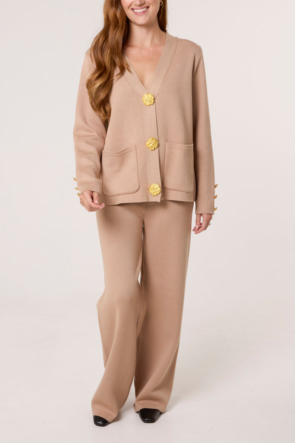 qed london Gold Button Cardigan & Trousers Knit Set