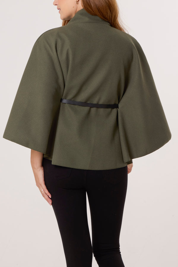Qed London Gold Button High Neck Belted Cape