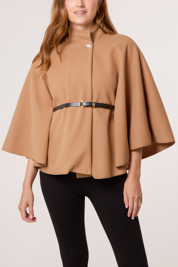 Qed London Gold Button High Neck Belted Cape
