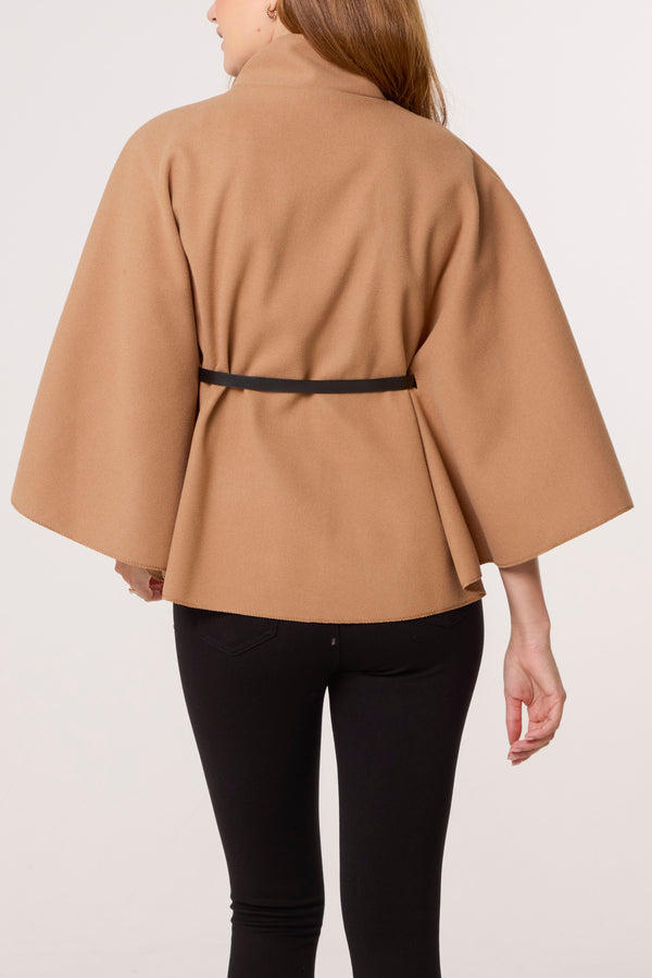Qed London Gold Button High Neck Belted Cape