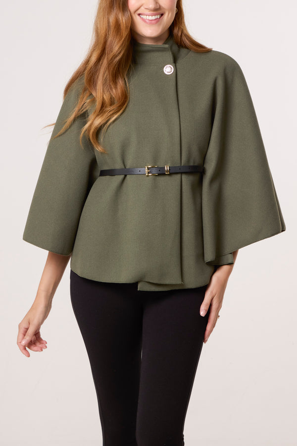 qed london Gold Button High Neck Belted Cape