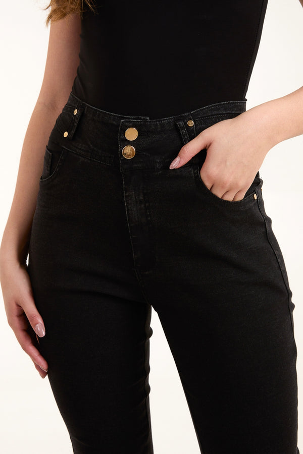 Qed London Gold Button High Waisted Skinny Jeans