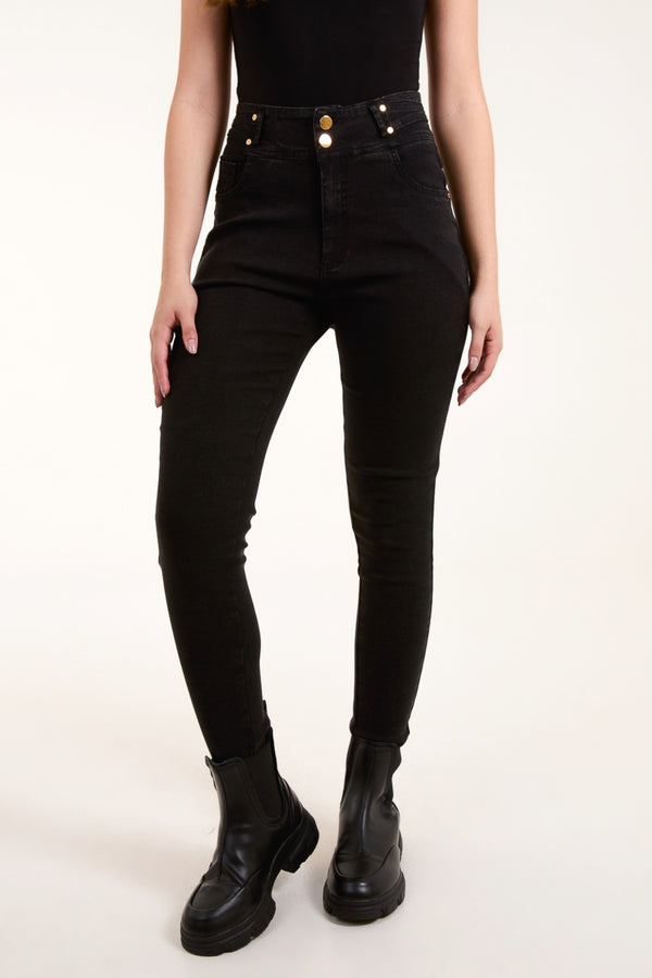 qed london Gold Button High Waisted Skinny Jeans