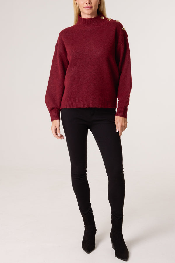 Qed London Gold Button Shoulder High Neck Jumper