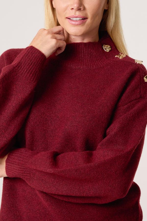 Qed London Gold Button Shoulder High Neck Jumper