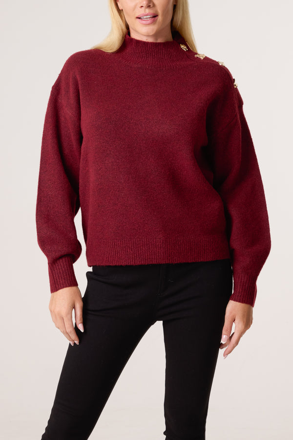 qed london Gold Button Shoulder High Neck Jumper