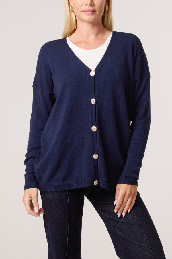 qed london Gold Buttons Long Sleeve Cardigan