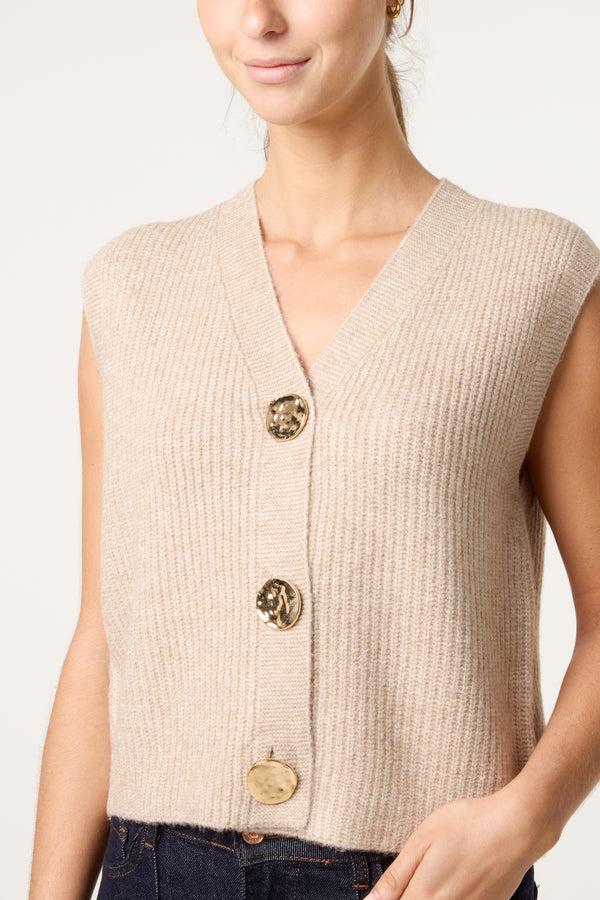 Qed London Gold Circle Button Knit Waistcoat