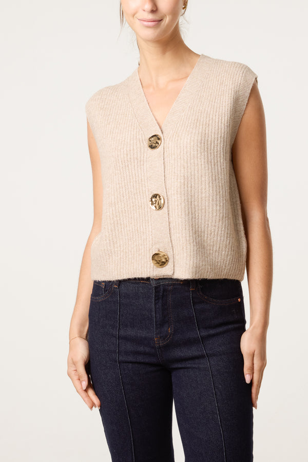 qed london Gold Circle Button Knit Waistcoat