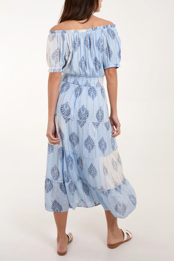 Qed London Gold Detailing Bardot Tassel Maxi Dress