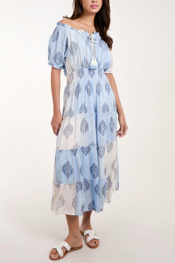 qed london Gold Detailing Bardot Tassel Maxi Dress