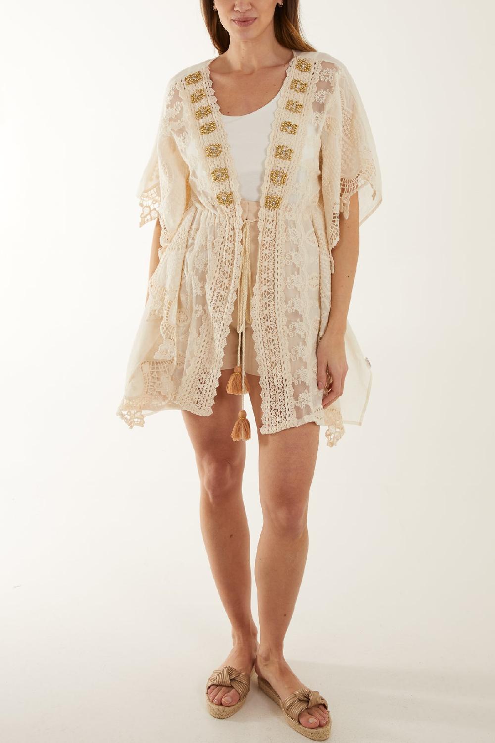 Qed London Gold Embellished Crochet Kimono