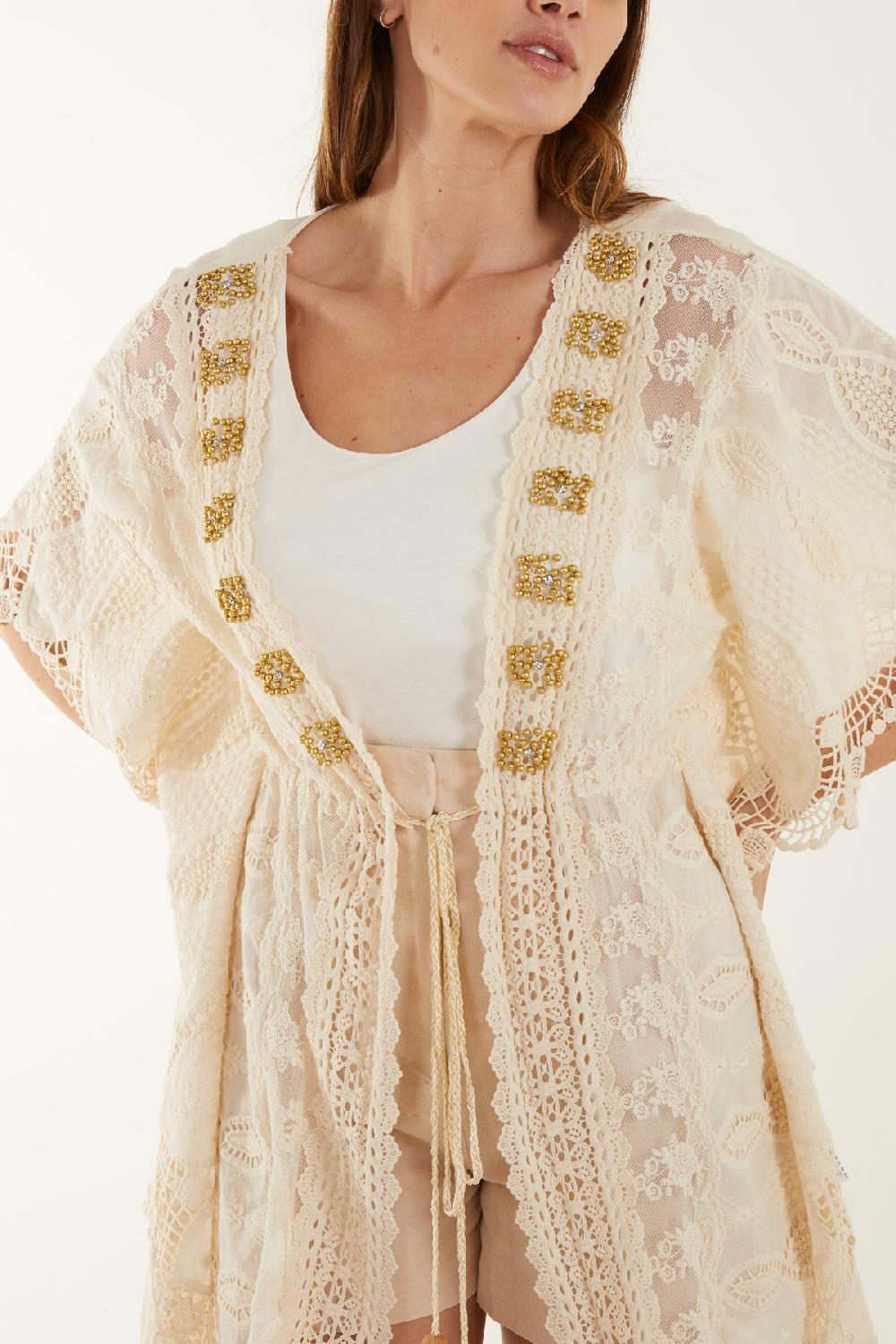 Qed London Gold Embellished Crochet Kimono