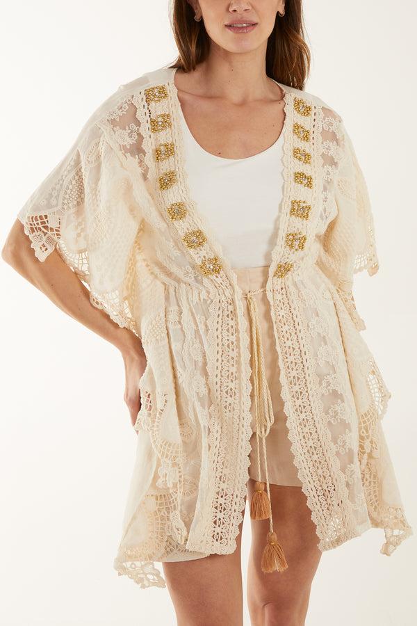 qed london Gold Embellished Crochet Kimono