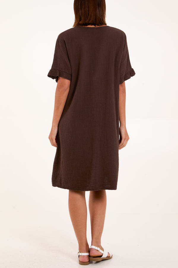 Qed London Gold Embroidered Cheesecloth Dress