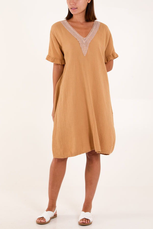 Qed London Gold Embroidered Cheesecloth Dress