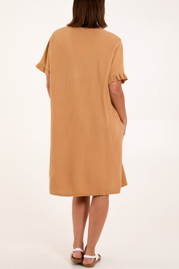 Qed London Gold Embroidered Cheesecloth Dress