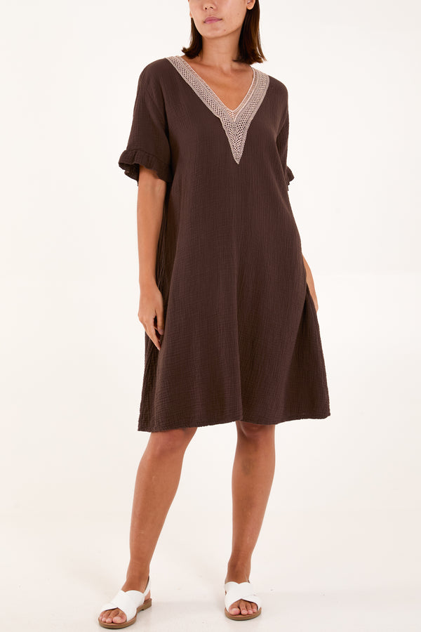 qed london Gold Embroidered Cheesecloth Dress