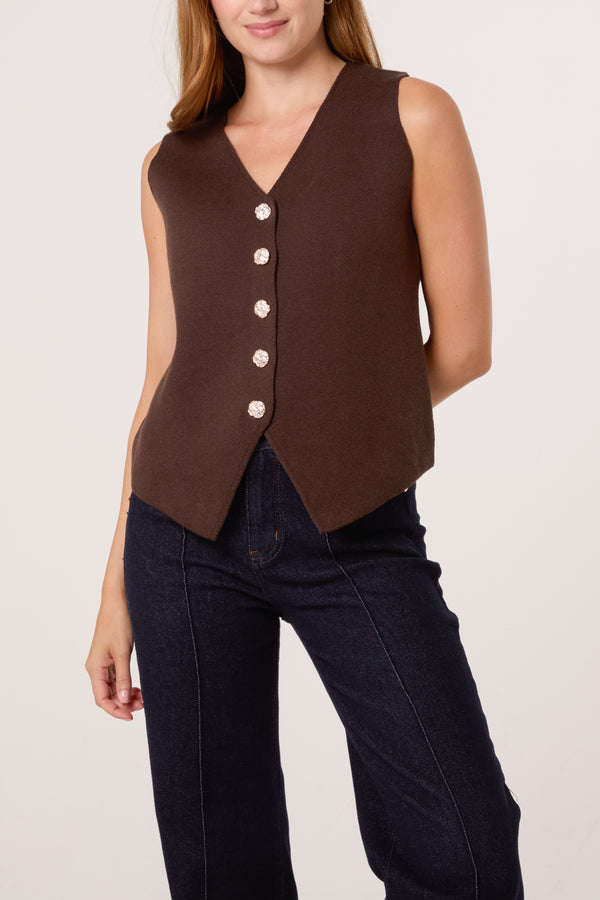 Qed London Gold Flower Button Knitted Waistcoat