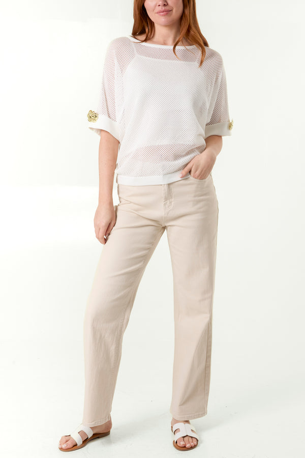 Qed London Gold Flower Button Sleeve Mesh Top