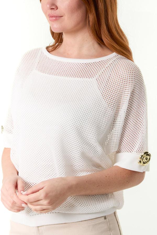 Qed London Gold Flower Button Sleeve Mesh Top