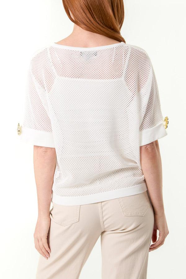 Qed London Gold Flower Button Sleeve Mesh Top